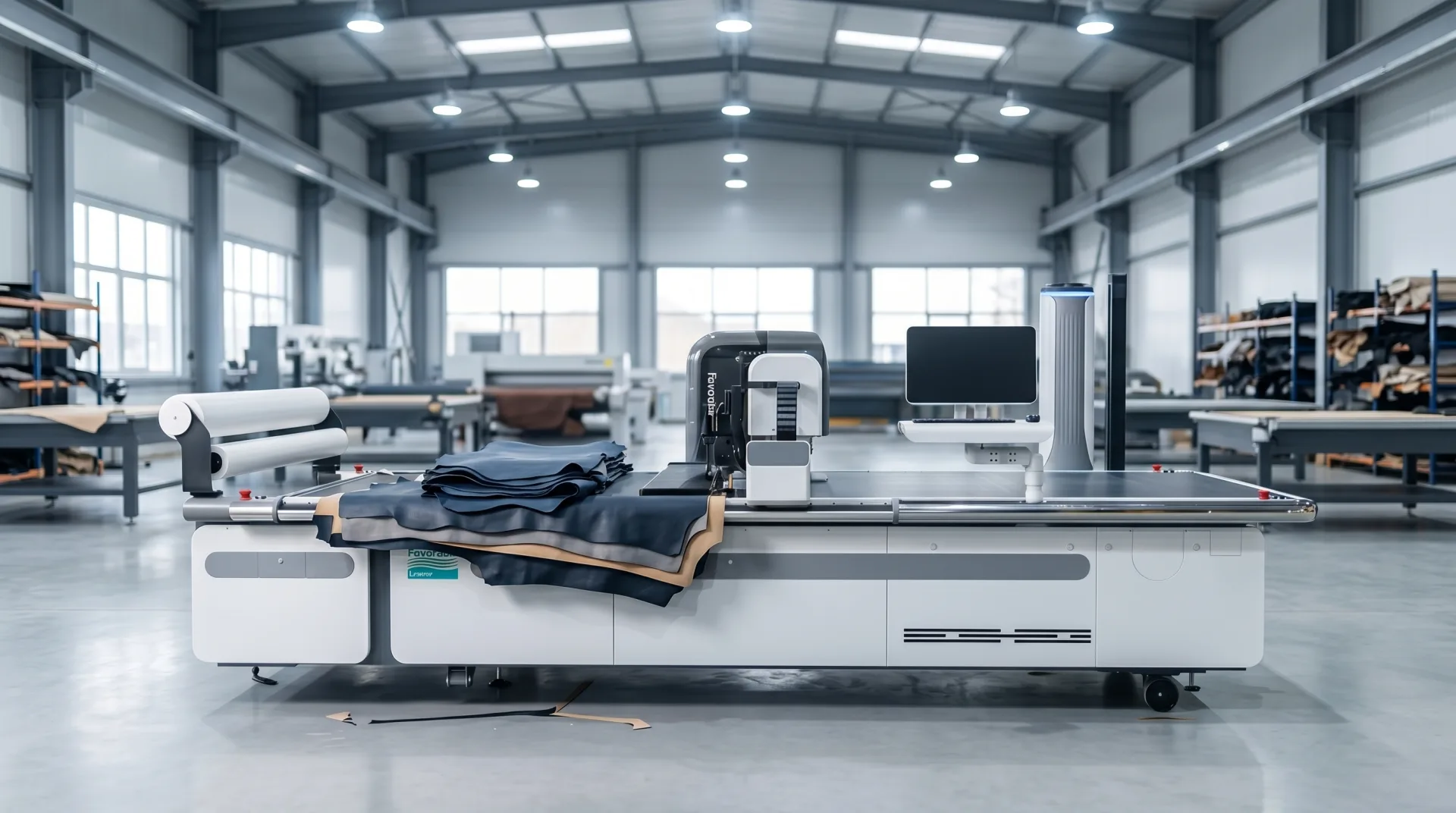 Multi-ply cutting bed processing automotive leather at golden hour