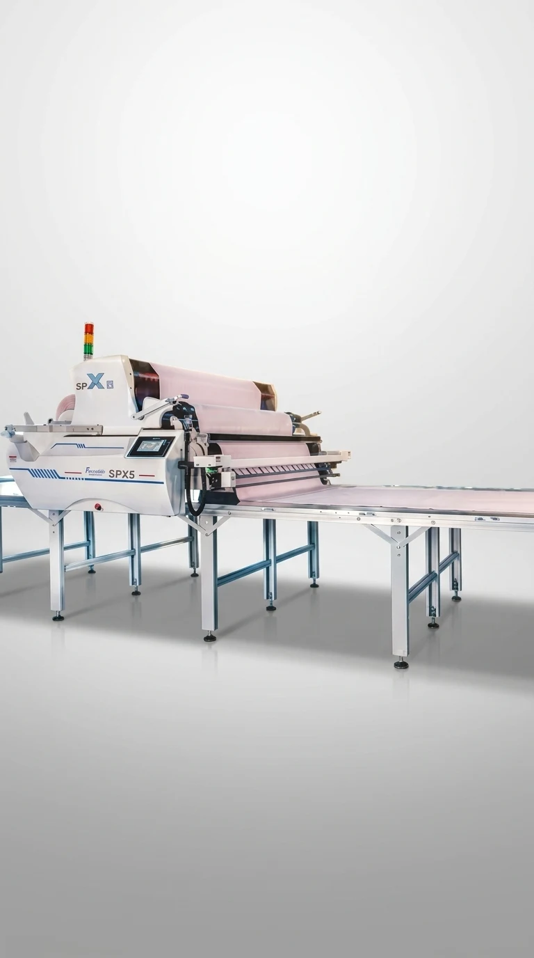 favorable SPX5 automatic fabric spreader feeding pink material onto a long spreading table