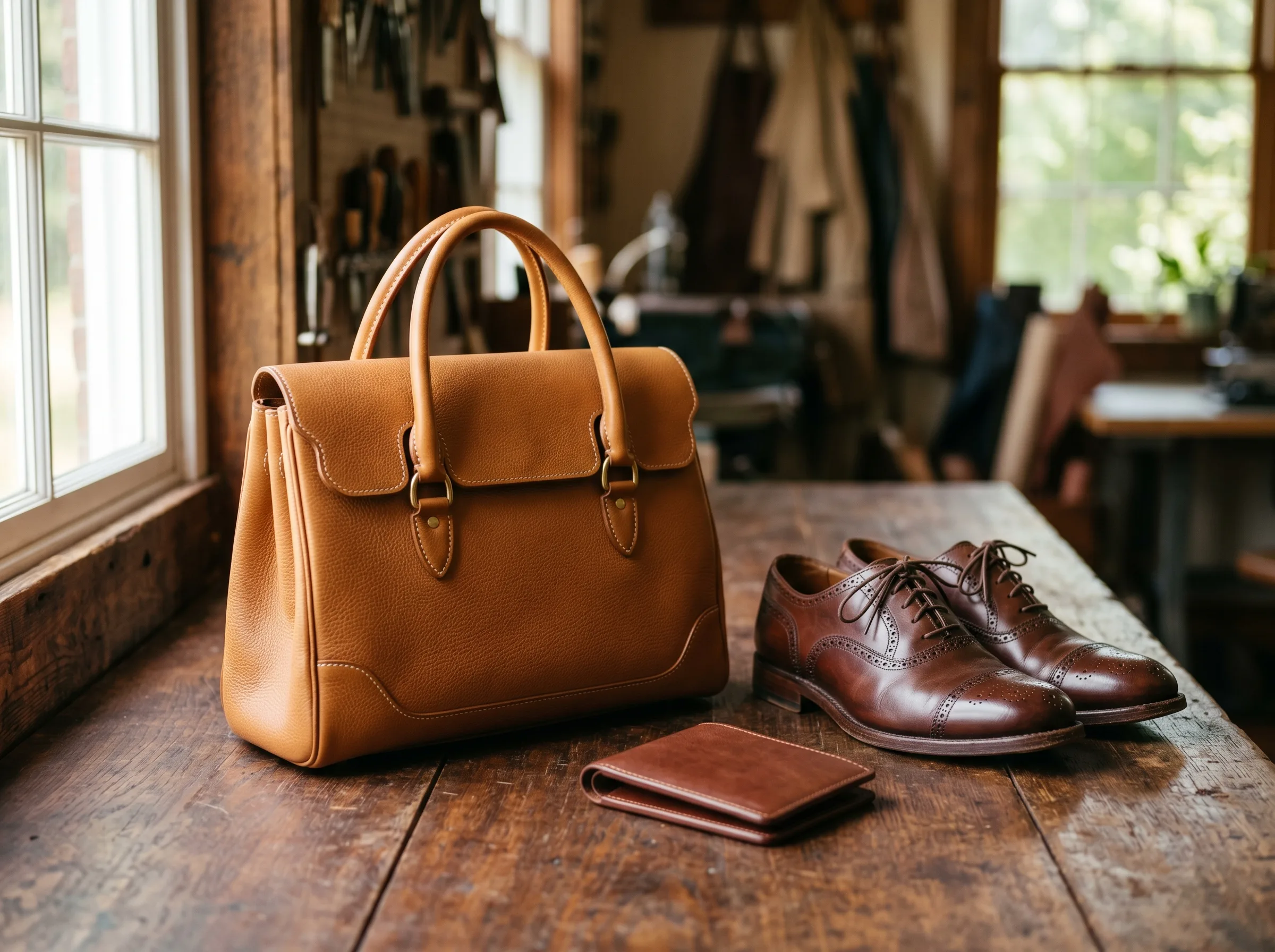 Single-ply leather cutter producing handbag and footwear panels in a finishing room