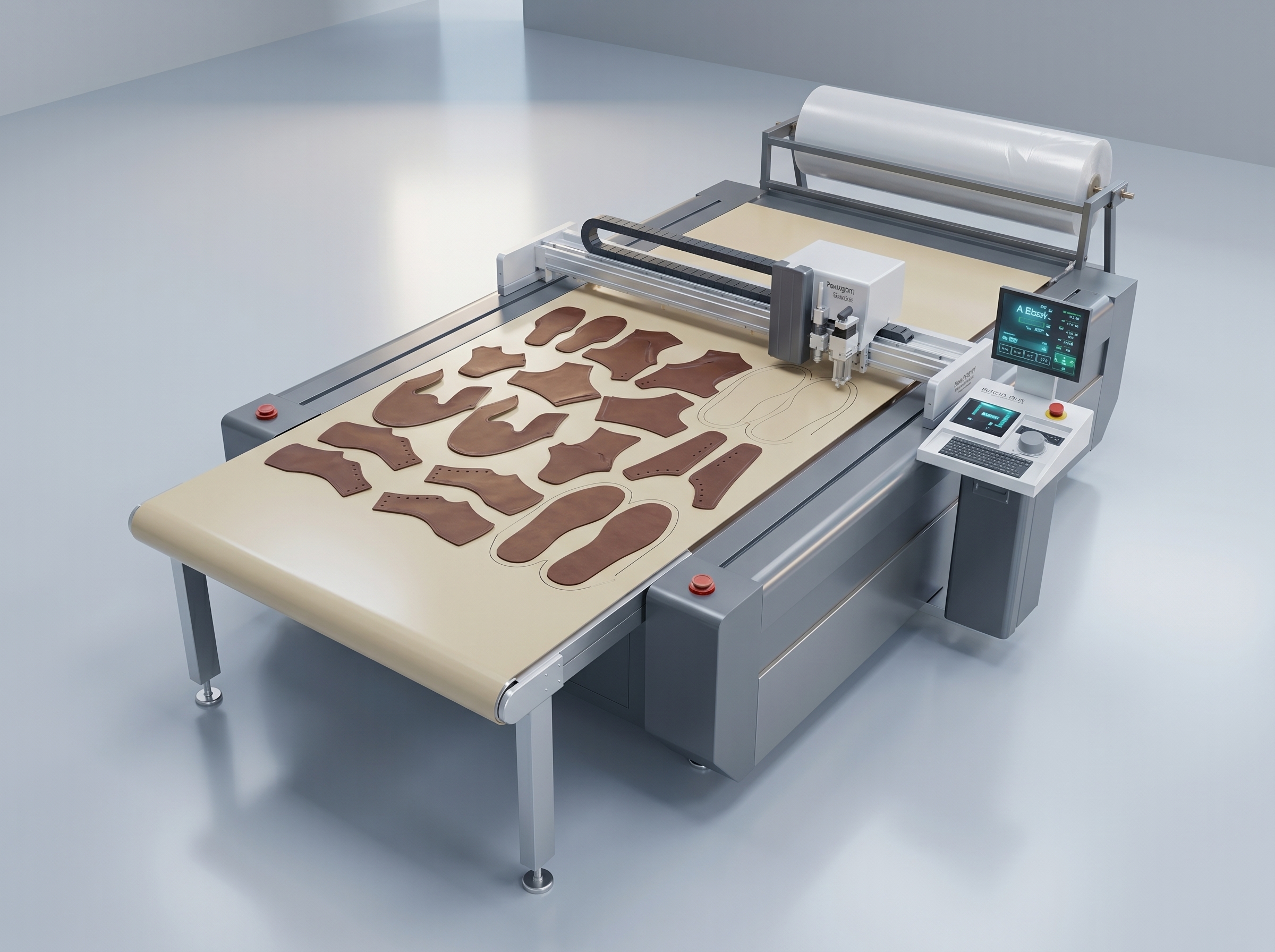 favorable LHC single-ply cutter cutting nappa leather into shoe upper components on a vacuum bed